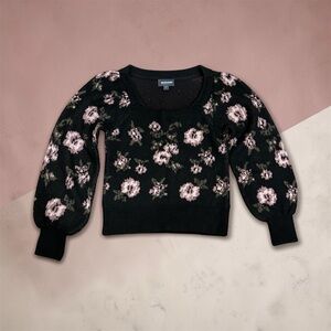 Anthropologie Black Sweater with Pink Floral Pattern